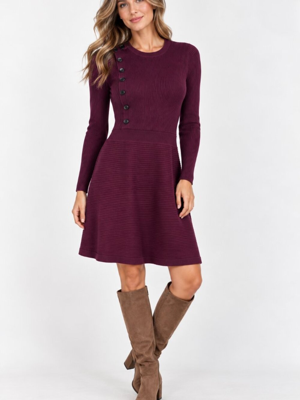 Banana Republic Sweater Dress Womens S Burgundy Ribbed Knit Button Detail
